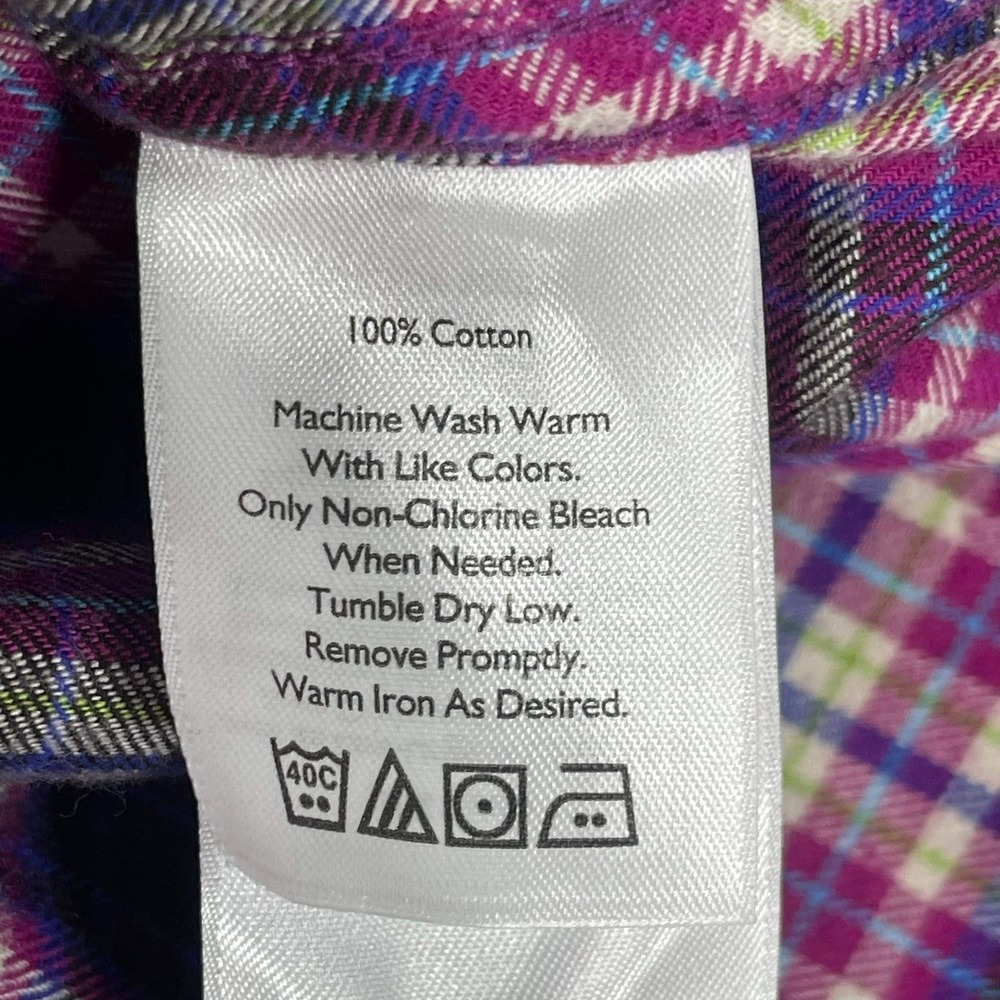 Eddie Bauer Flannel Shirt Womens Medium Blk Purple Plaid Fitted Outdoor Gorpcore - Picture 7 of 7